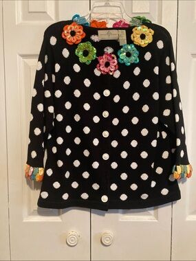 Black Polka Dot Cardigan with Colorful Sequin Flowers by Design Options. L